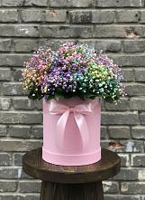 Цветочная композиция из Гипсофила и Розы в шляпной коробке в Жигалово
