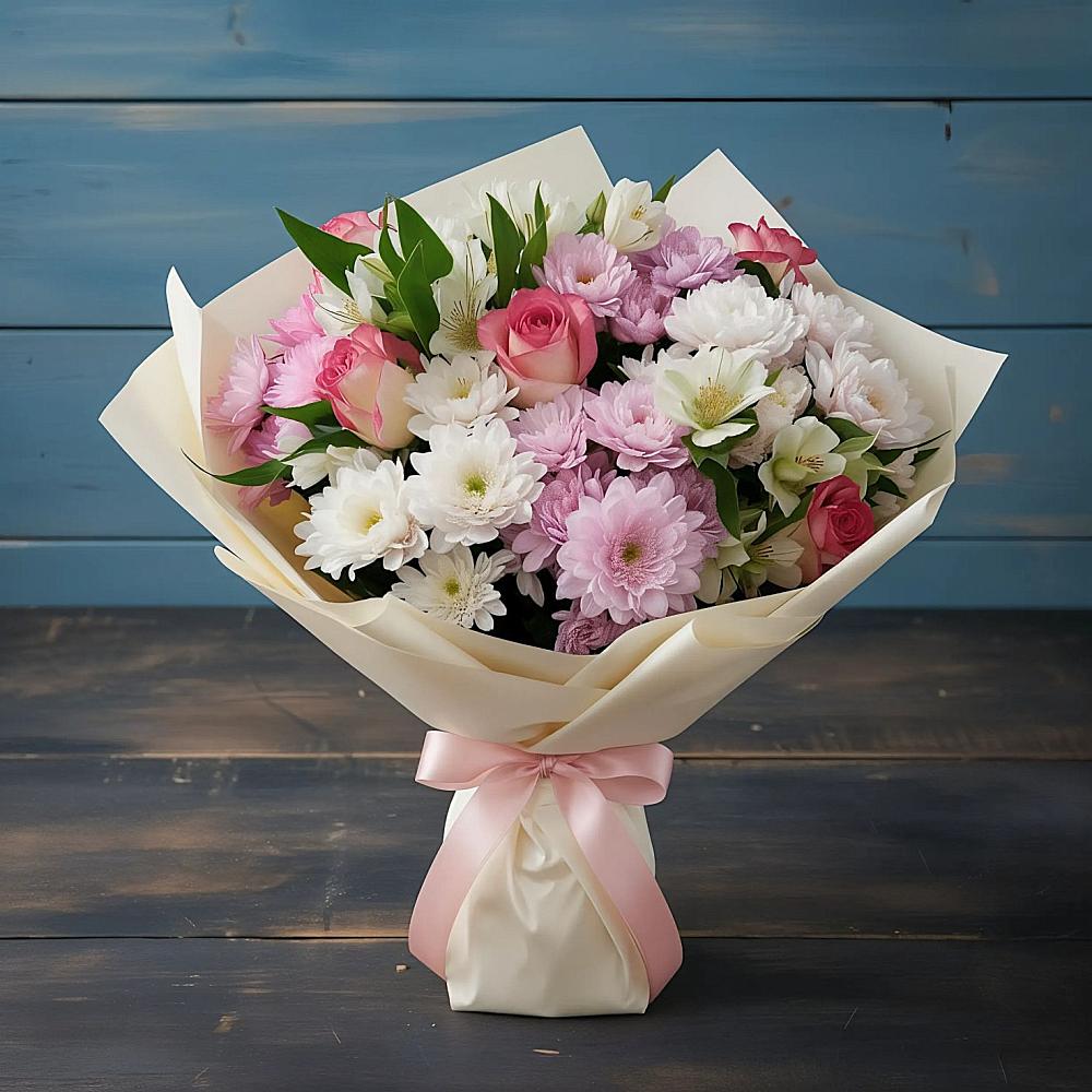 Букет цветов из: Хризантемы, Альстромерии и Розы в Жигалово